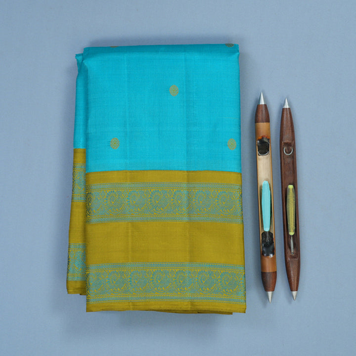Hayagrivas Handloom Sky Blue Kanjivaram Silk Saree with Olive Green Border BE811-SBS