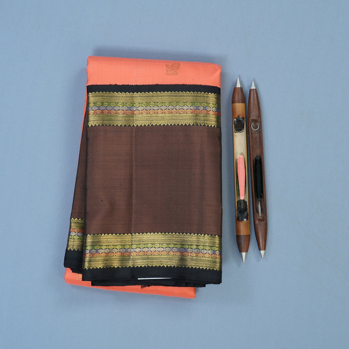 Hayagrivas Handloom Peach Pink Kanjivaram Silk Saree with Chocolate Brown Border BE823-SBS