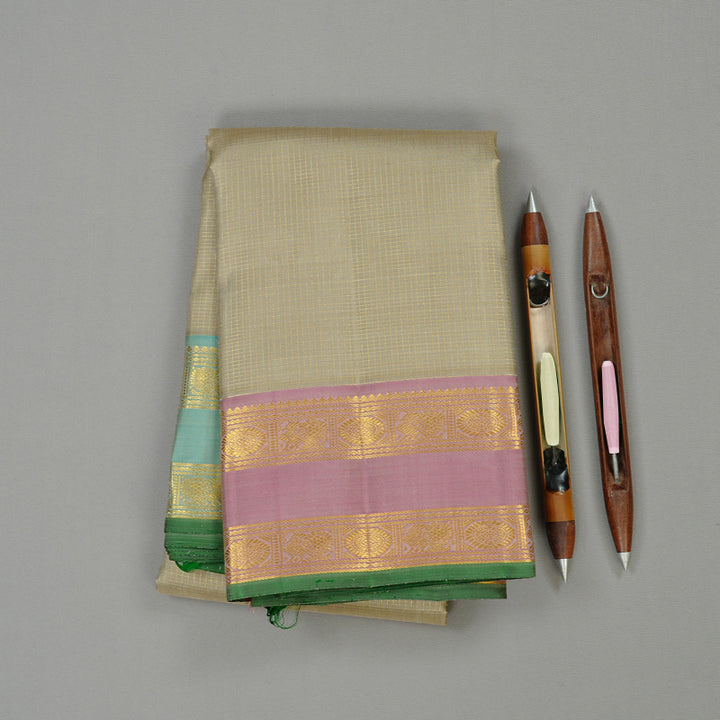 Hayagrivas Beige Handloom Kanjivaram Silk Saree with Ganga Jamuna (Onion Pink And Sky Blue) Border BE9-SBS