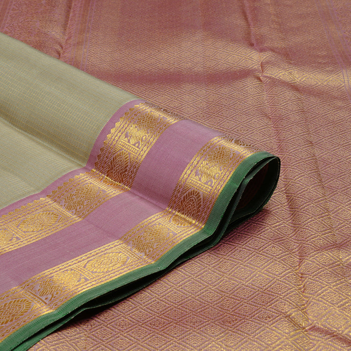Hayagrivas Beige Handloom Kanjivaram Silk Saree with Ganga Jamuna (Onion Pink And Sky Blue) Border BE9-SBS
