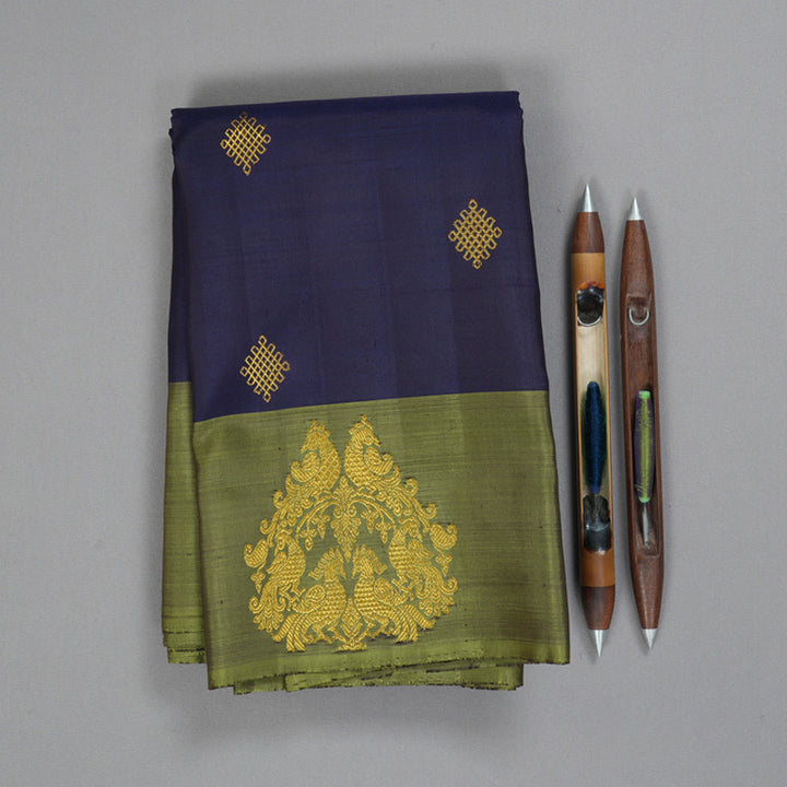Hayagrivas Handloom Midnight Blue Kanjivaram Silk Saree with Olive Green Border BF102-SBS