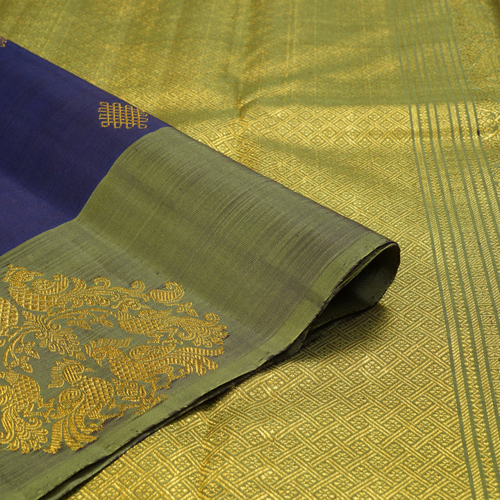 Hayagrivas Handloom Midnight Blue Kanjivaram Silk Saree with Olive Green Border BF102-SBS