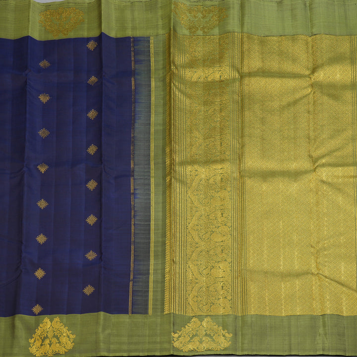 Hayagrivas Handloom Midnight Blue Kanjivaram Silk Saree with Olive Green Border BF102-SBS