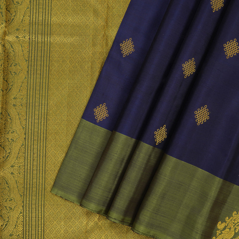 Hayagrivas Handloom Midnight Blue Kanjivaram Silk Saree with Olive Green Border BF102-SBS