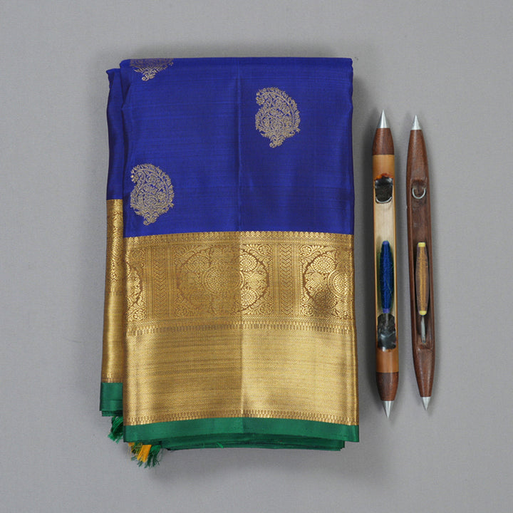 Hayagrivas Handloom Peacock Blue Kanjivaram Silk Saree with Honey Mustard Border BF113-SBS
