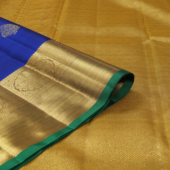 Hayagrivas Handloom Peacock Blue Kanjivaram Silk Saree with Honey Mustard Border BF113-SBS