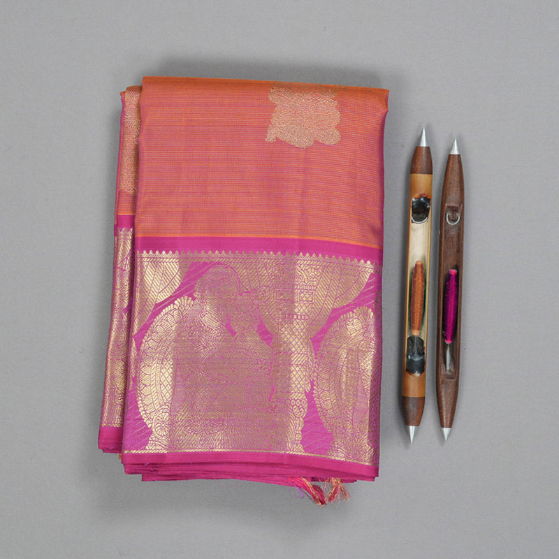 Hayagrivas Handloom Orangish-Pink Kanjivaram Silk Saree with Vadamalli Purple Border BF118-SBS