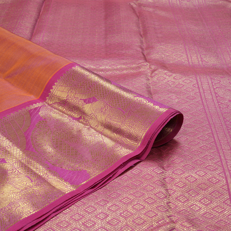 Hayagrivas Handloom Orangish-Pink Kanjivaram Silk Saree with Vadamalli Purple Border BF118-SBS