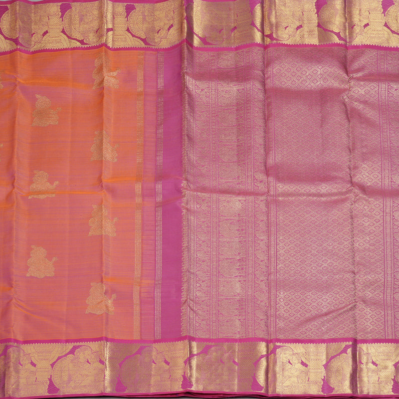 Hayagrivas Handloom Orangish-Pink Kanjivaram Silk Saree with Vadamalli Purple Border BF118-SBS