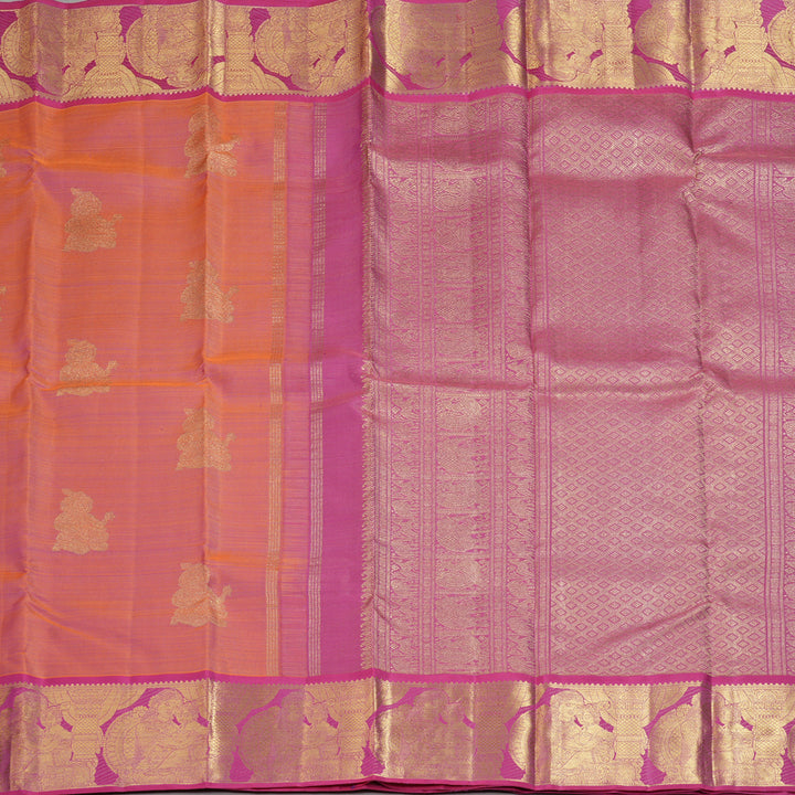 Hayagrivas Handloom Orangish-Pink Kanjivaram Silk Saree with Vadamalli Purple Border BF118-SBS
