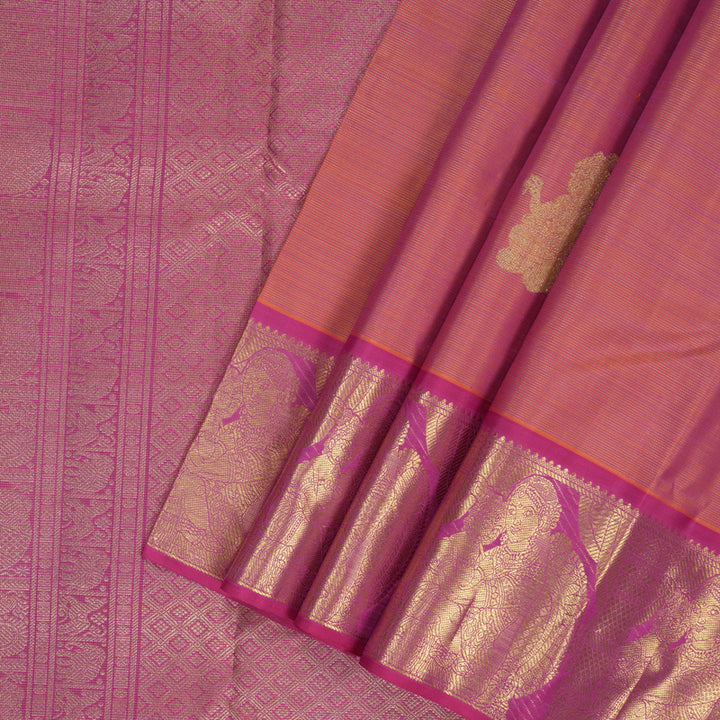 Hayagrivas Handloom Orangish-Pink Kanjivaram Silk Saree with Vadamalli Purple Border BF118-SBS