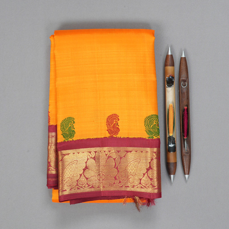 Hayagrivas Handloom Mambazham Orange Kanjivaram Silk Saree with Maroon Border BF120-SBS