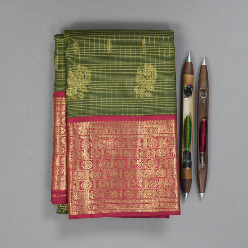 Hayagrivas Handloom Mehandi Green Kanjivaram Silk Saree with Araku Border BF134-SBS