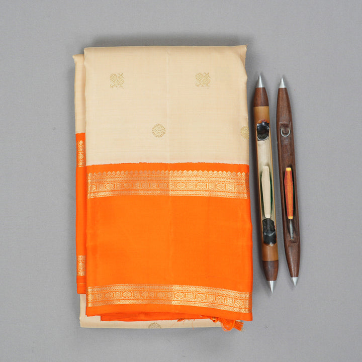 Hayagrivas Handloom Half-White Kanjivaram Silk Saree with Orange Border BF143-SBS