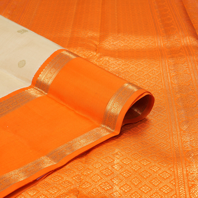 Hayagrivas Handloom Half-White Kanjivaram Silk Saree with Orange Border BF143-SBS