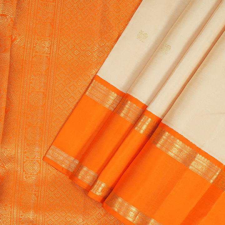 Hayagrivas Handloom Half-White Kanjivaram Silk Saree with Orange Border BF143-SBS
