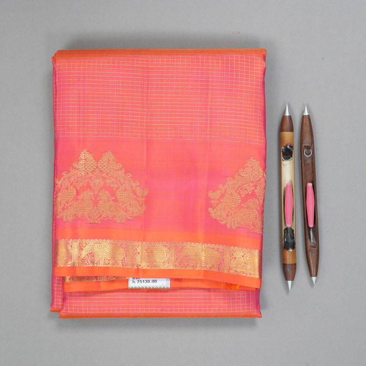 Hayagrivas Orangish-Pink Handloom Ten Yards Silk Saree BF144-SBS