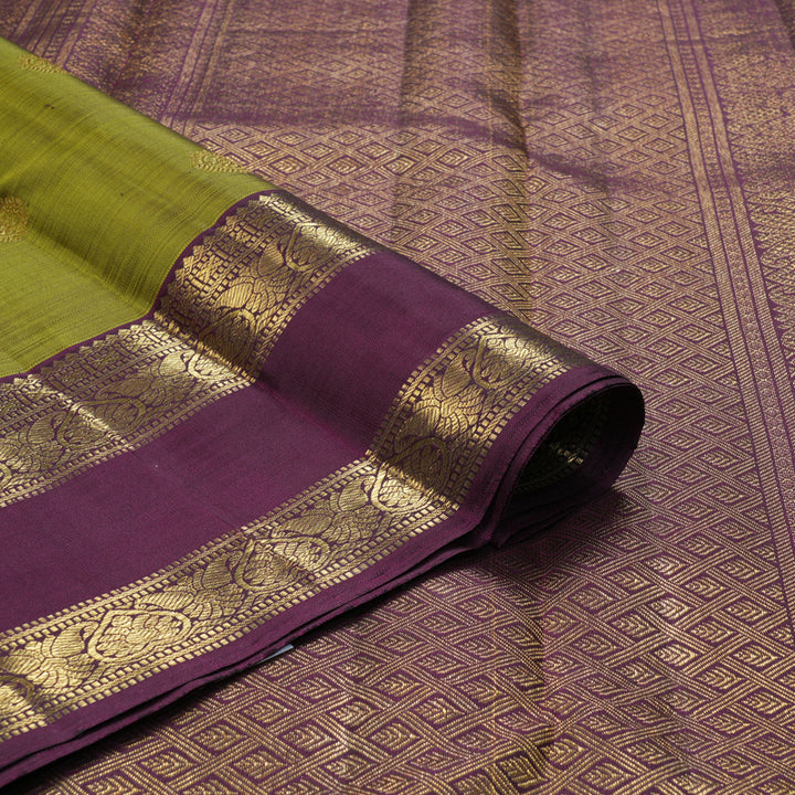 Hayagrivas Handloom Mehandi Green Kanjivaram Silk Saree with Plum Purple Border BF148-SBS
