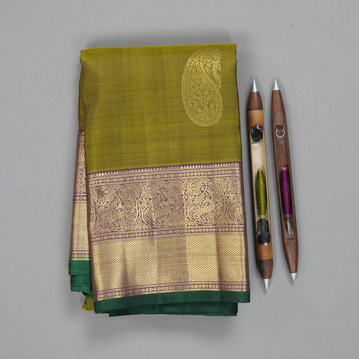 Hayagrivas Handloom Mehandi Green Kanjivaram Silk Saree with Dark Purple Border BF155-SBS