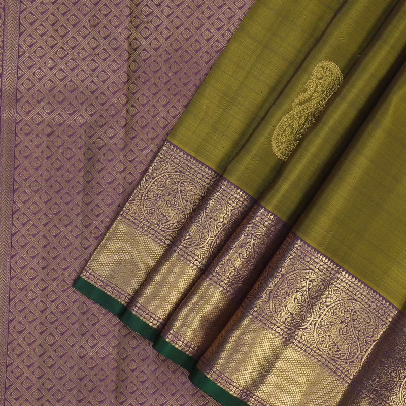 Hayagrivas Handloom Mehandi Green Kanjivaram Silk Saree with Dark Purple Border BF155-SBS