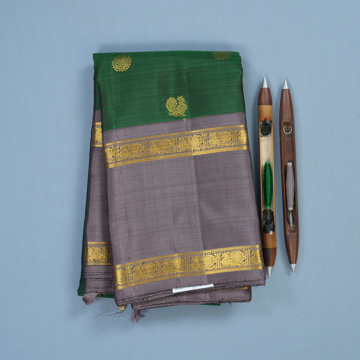 Hayagrivas Handloom Bottle Green Kanjivaram Silk Saree with Lilac-Grey Border BF20-SBS