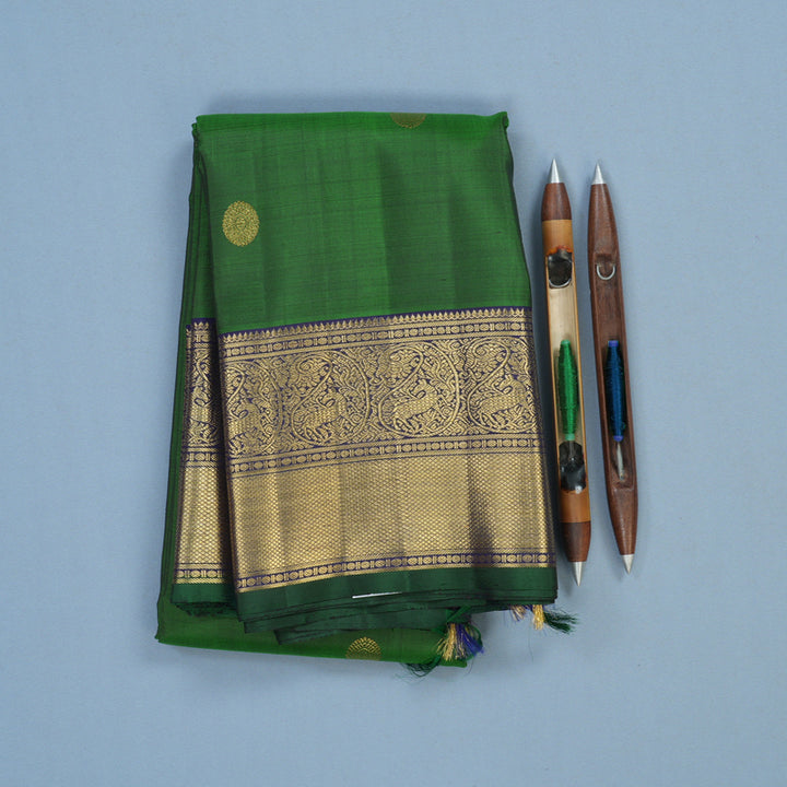Hayagrivas Handloom Meenakshi Pachai Kanjivaram Silk Saree with Navy Blue Border BF32-SBS