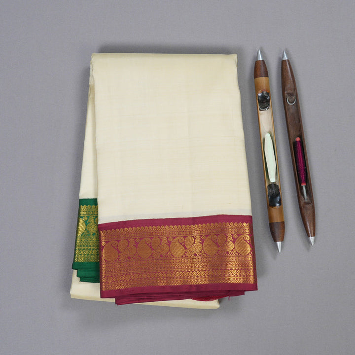 Hayagrivas Half White Kanjivaram Silk Saree with Green and Maroon Border BBD2046C6-6