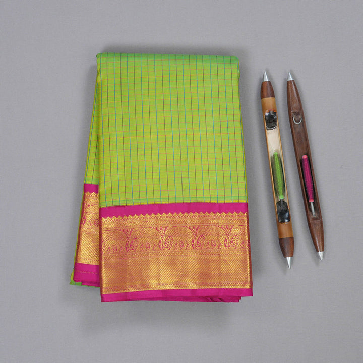 Hayagrivas Fluorescent Green Kanjivaram Silk Saree with Pink Border BBD473F15-1