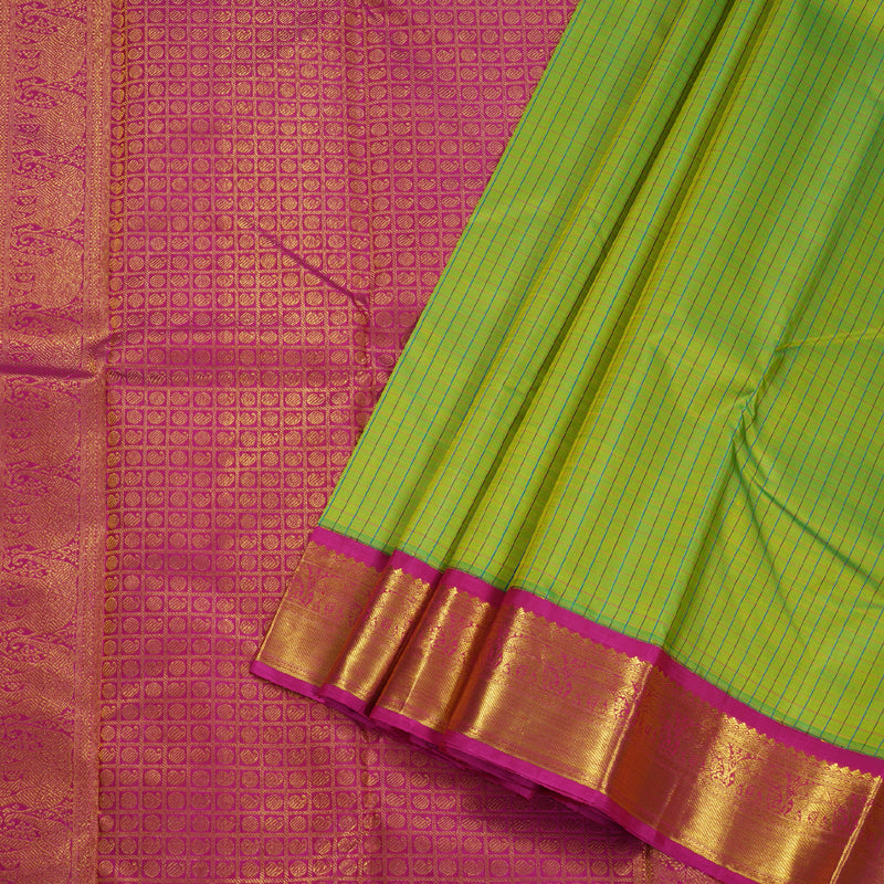 Hayagrivas Fluorescent Green Kanjivaram Silk Saree with Pink Border BBD473F15-1