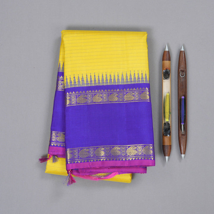 Hayagrivas Lemon Yellow Kanjivaram Silk Saree with Blue Border BBD555G3-8