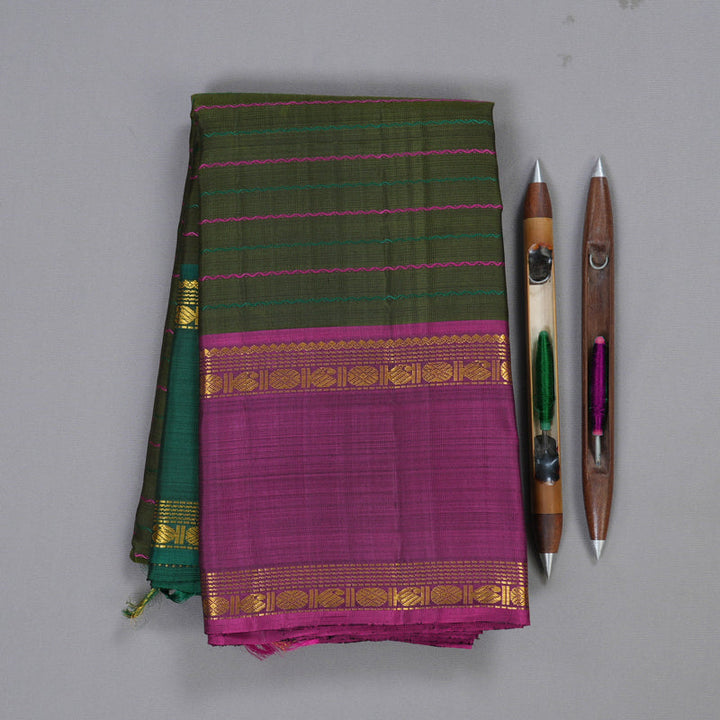 Hayagrivas Mehandi Green Kanjivaram Silk Saree with Purple And Green Border BBD597G6-1