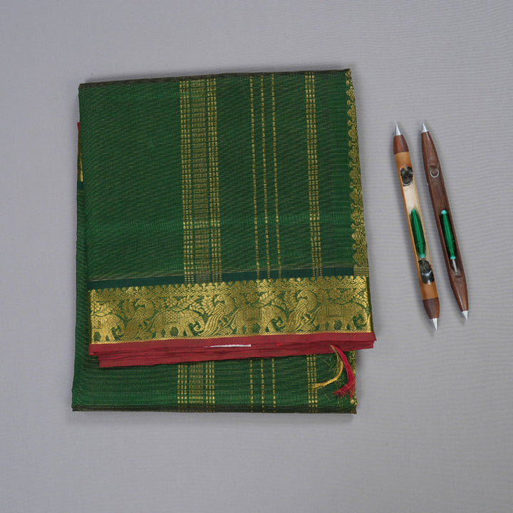 Hayagrivas Bottle Green Ten yards Silk Cotton Saree BBD784H1-4