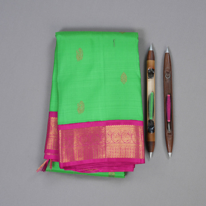 Hayagrivas Parrot Green Handloom Kanjivaram Silk Saree with Pink Border HBD4051K1-1