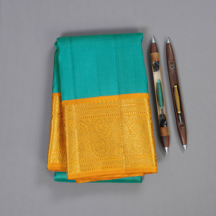 Hayagrivas Turquoise Green Handloom Kanjivaram Silk Saree with Mustard Border HBD4090L1-2