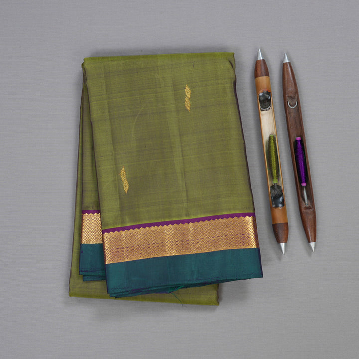 Hayagrivas Dual Tone (Olive Green With Blue) Handloom Kanjivaram Silk Saree with Purple Border HBD4130L1-2