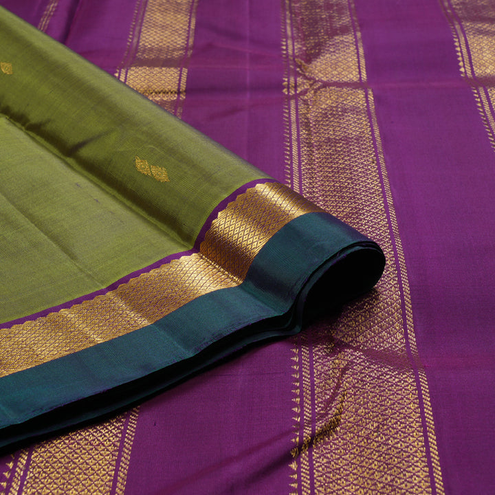 Hayagrivas Dual Tone (Olive Green With Blue) Handloom Kanjivaram Silk Saree with Purple Border HBD4130L1-2