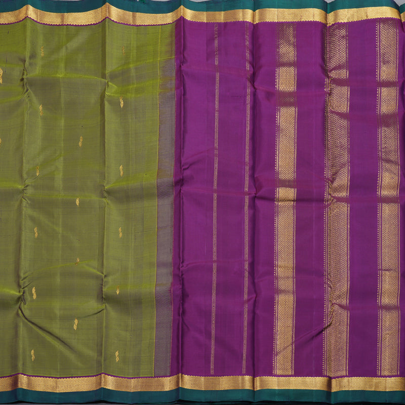 Hayagrivas Dual Tone (Olive Green With Blue) Handloom Kanjivaram Silk Saree with Purple Border HBD4130L1-2