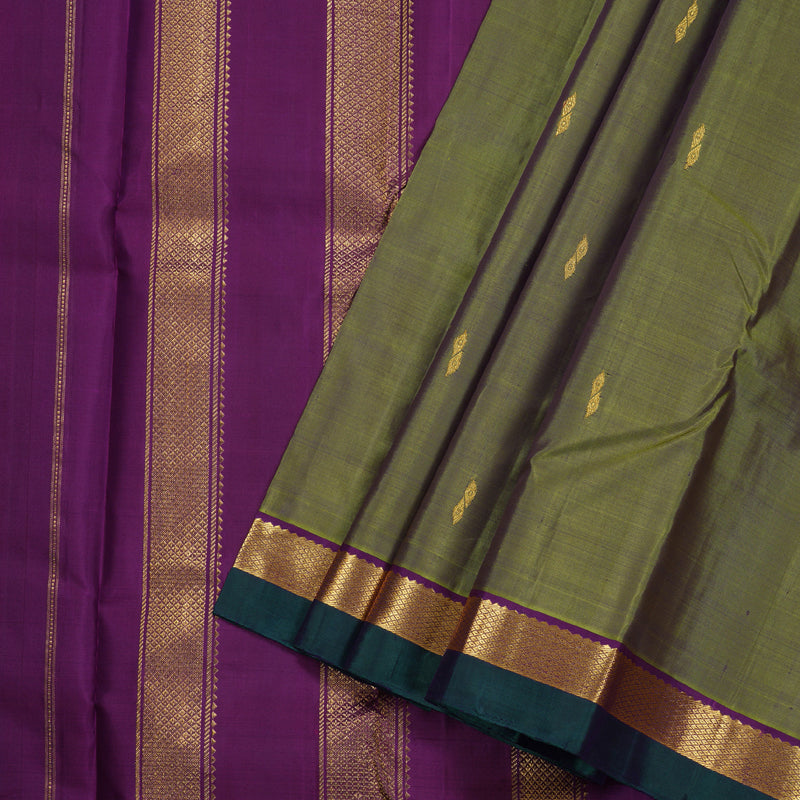 Hayagrivas Dual Tone (Olive Green With Blue) Handloom Kanjivaram Silk Saree with Purple Border HBD4130L1-2