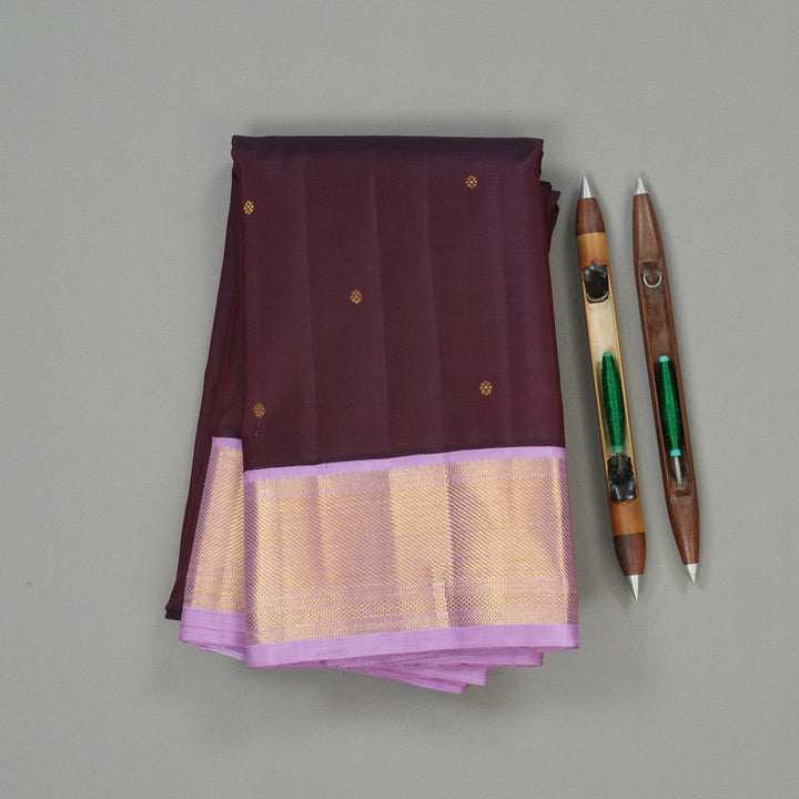 Hayagrivas Dark Brown Handloom Kanjivaram Silk Saree with Lavender Border HBE102E1-1