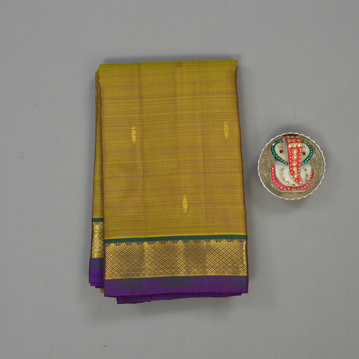 Hayagrivas Handloom Golden Mustard Kanjivaram Silk Saree Peacock Green border HBE1067L1-3