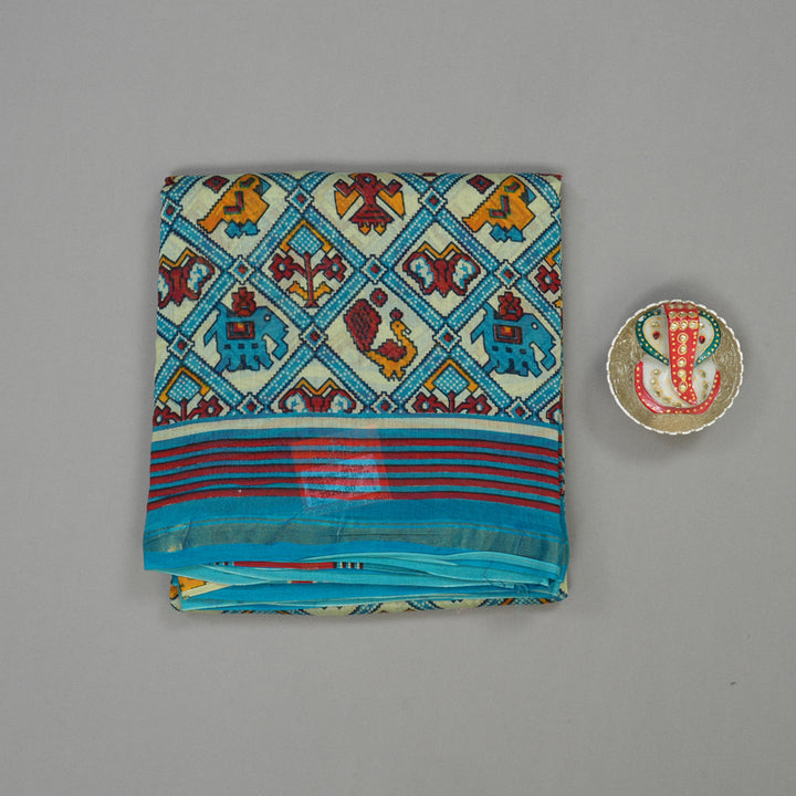 Hayagrivas Pale Yellow Pure Cotton Saree with Aqua Blue Border HBE116E1-10