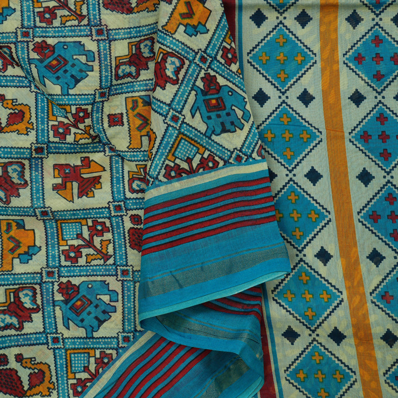 Hayagrivas Pale Yellow Pure Cotton Saree with Aqua Blue Border HBE116E1-10