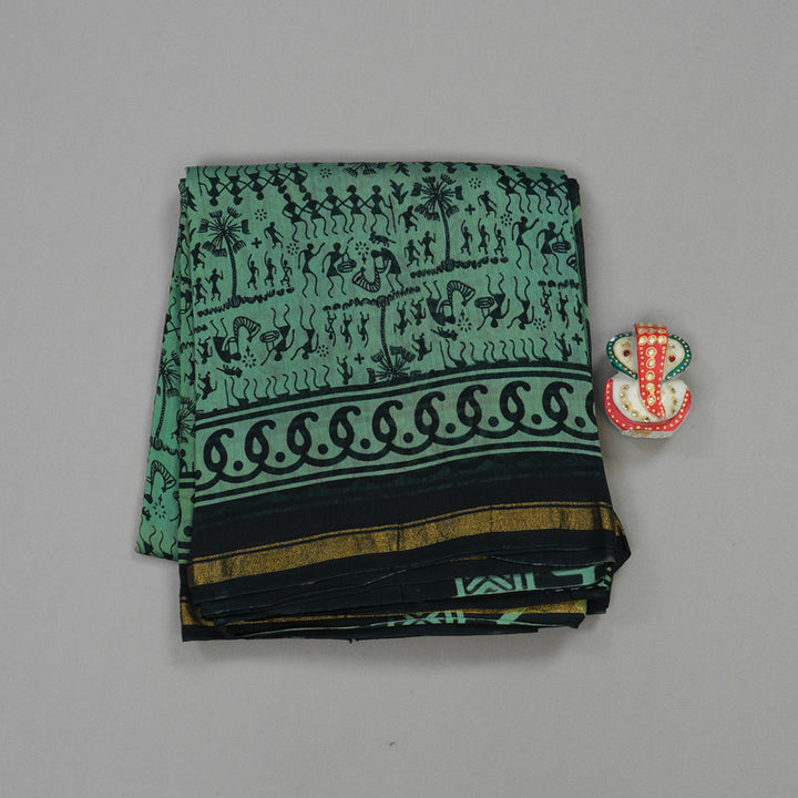 Hayagrivas Handloom pure cotton saree in subtle pastel green with black HBE116E5-5