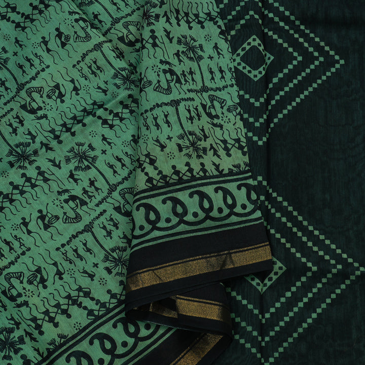 Hayagrivas Handloom pure cotton saree in subtle pastel green with black HBE116E5-5