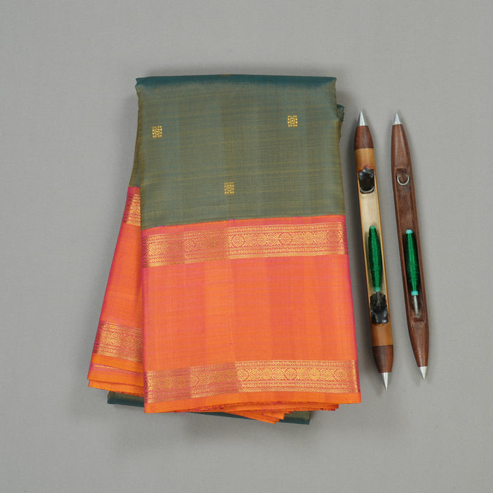 Hayagrivas Mehandi Green Handloom Kanjivaram Silk Saree with Orangish Pink Border HBE125E1-1