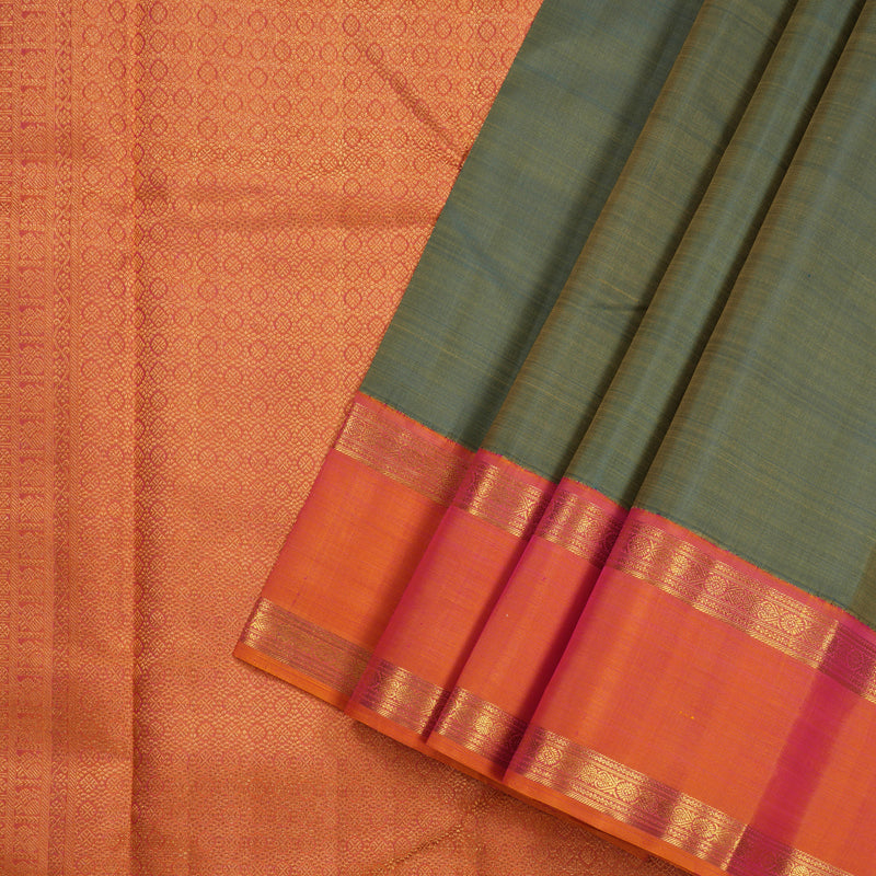 Hayagrivas Mehandi Green Handloom Kanjivaram Silk Saree with Orangish Pink Border HBE125E1-1