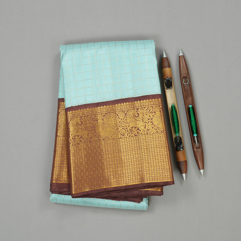 Hayagrivas Sky Blue Handloom Kanjivaram Silk Saree with Dark Brown Border HBE125E2-1