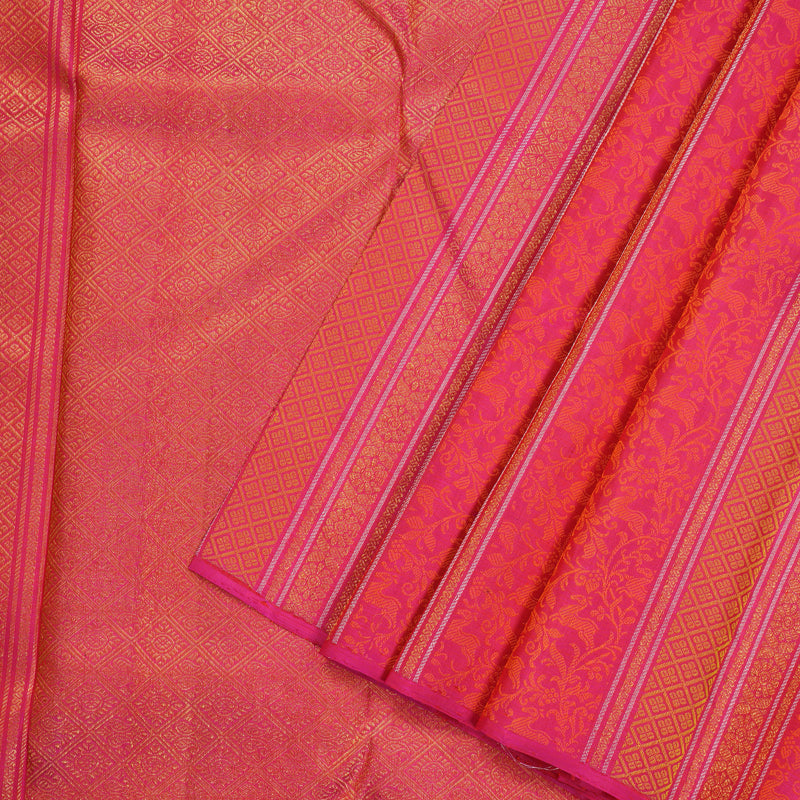 Hayagrivas Handloom Kanjivaram Silk Saree in lively Orangish Pink HBE157E1-1