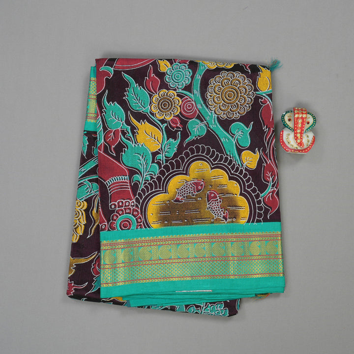 Hayagrivas Handloom Printed Silk Cotton Saree In Wine Purple with Sea Blue HBE184E1-1