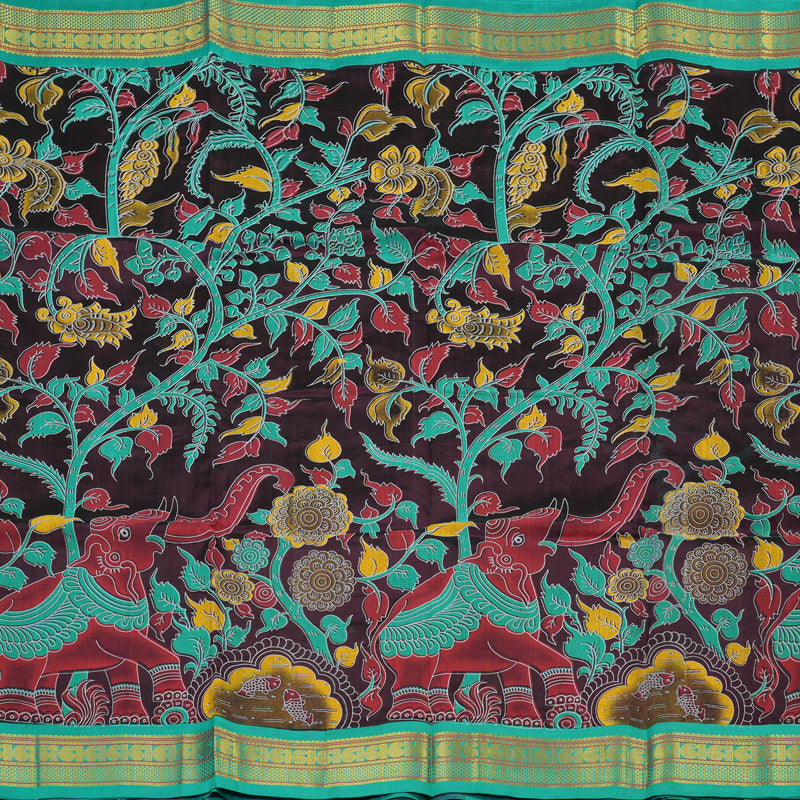 Hayagrivas Handloom Printed Silk Cotton Saree In Wine Purple with Sea Blue HBE184E1-1